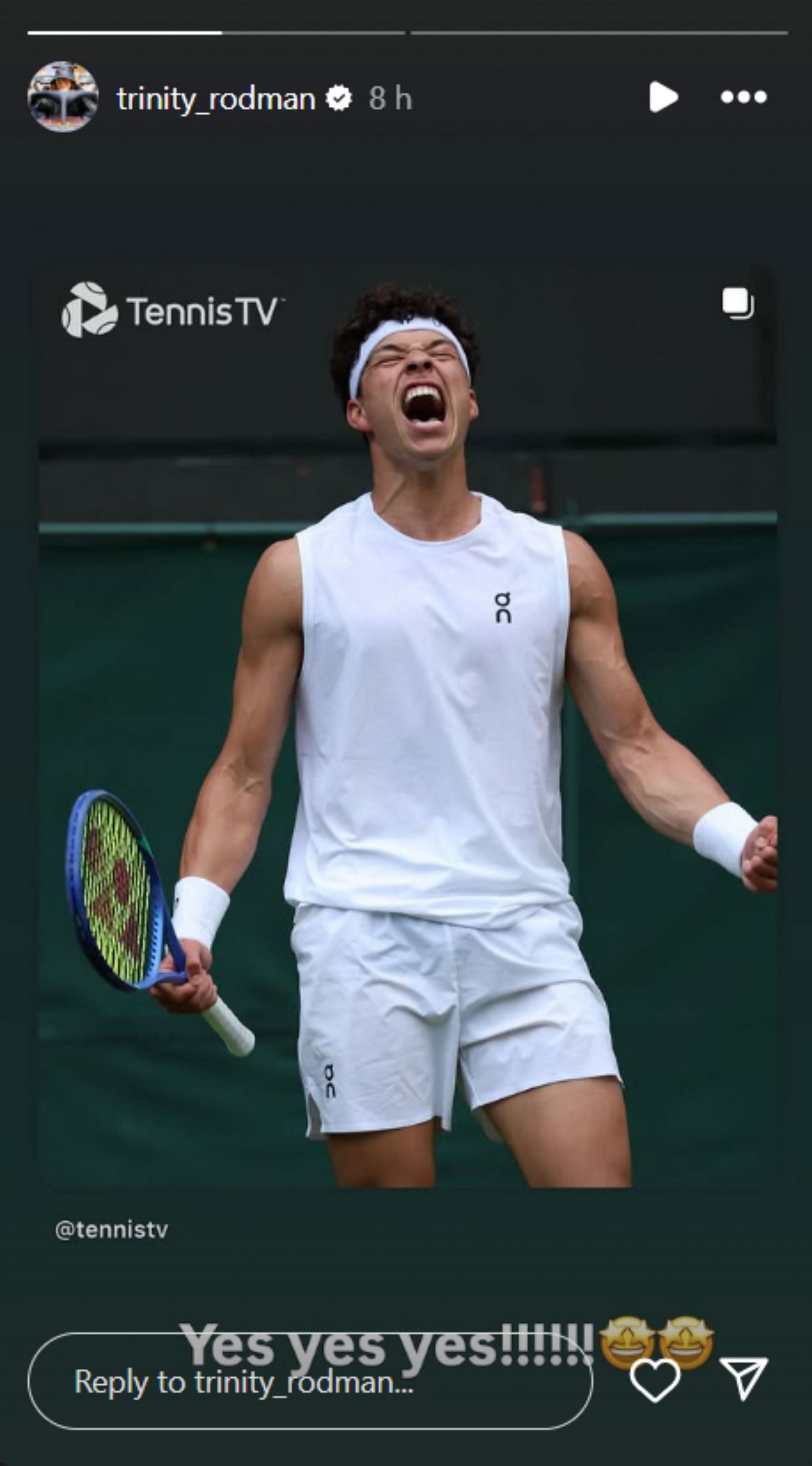 Rodman reacts to Ben Shelton's QF qualification; Instagram - @trinity_rodman